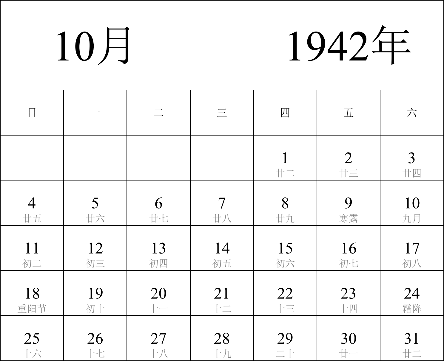 日历表1942年日历 中文版 纵向排版 周日开始 带农历 带节假日调休安排